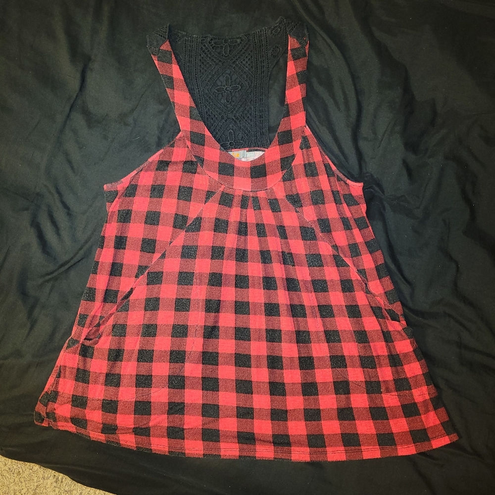 Y2K So Sik red blk Buffalo plaid crochet flowy racer back tank top w pockets XL - Picture 13 of 17
